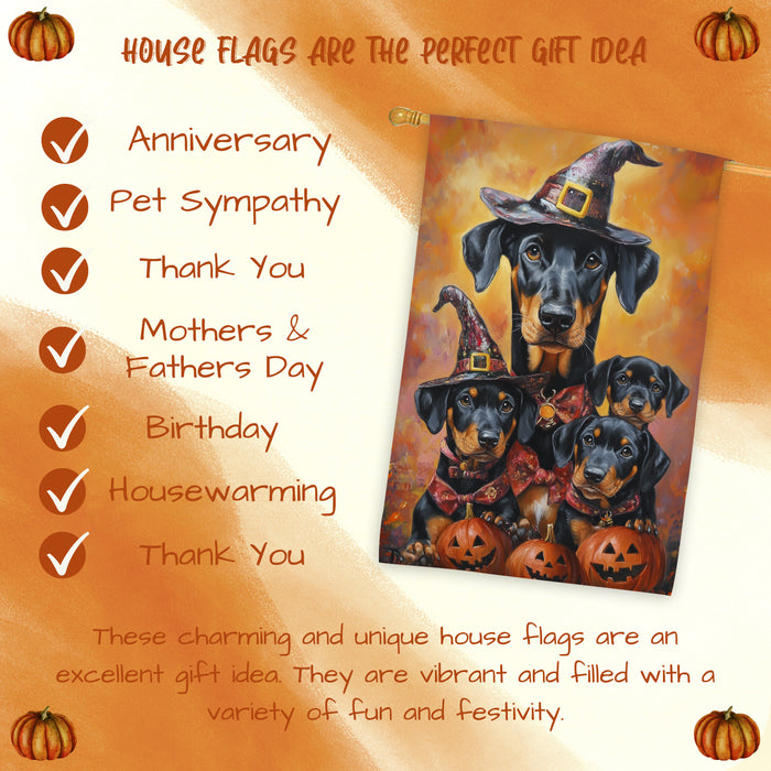 Doberman Pinscher Dog Halloween House Flag Witch Hat Pumpkin Fall Outdoor Welcome Decor for Porch Garden and Lawn Autumn Home Decoration