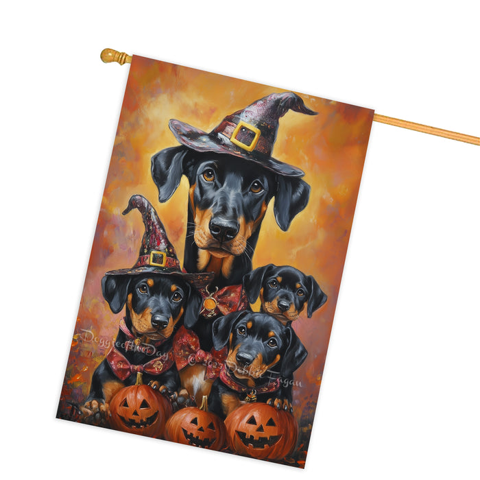 Doberman Pinscher Dog Halloween House Flag Witch Hat Pumpkin Fall Outdoor Welcome Decor for Porch Garden and Lawn Autumn Home Decoration