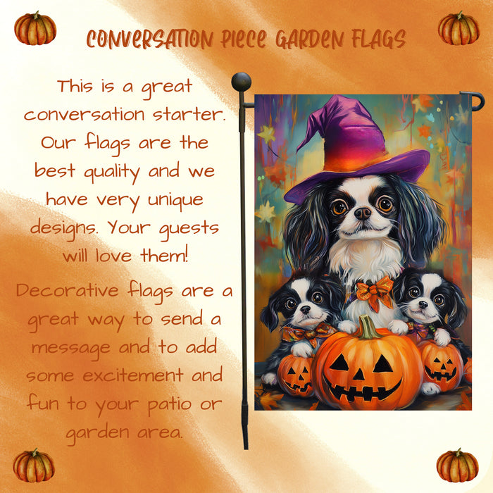 Japanese Chin Witch Dog Garden Flag for Outdoor Autumn Yard Banner with Pumpkins Lawn Party Home Garden Display Holiday House Lawn Flag Gifts for Women