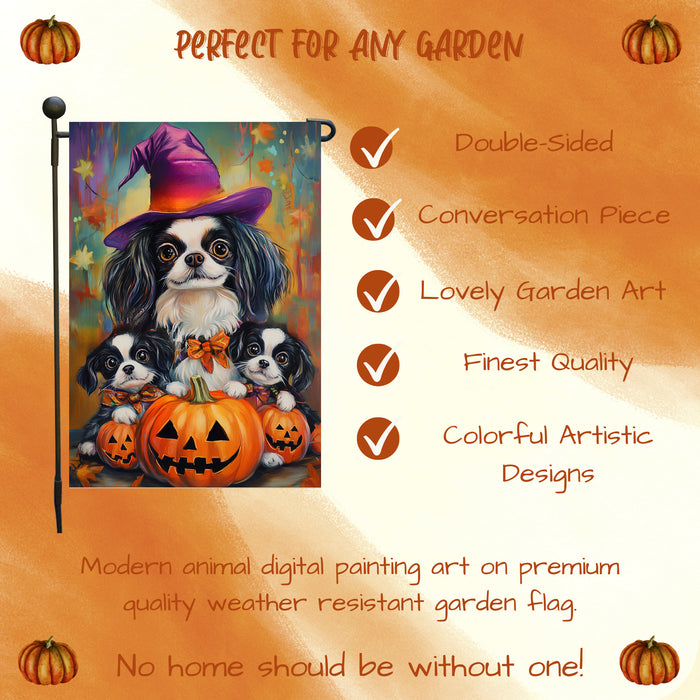 Japanese Chin Witch Dog Garden Flag for Outdoor Autumn Yard Banner with Pumpkins Lawn Party Home Garden Display Holiday House Lawn Flag Gifts for Women