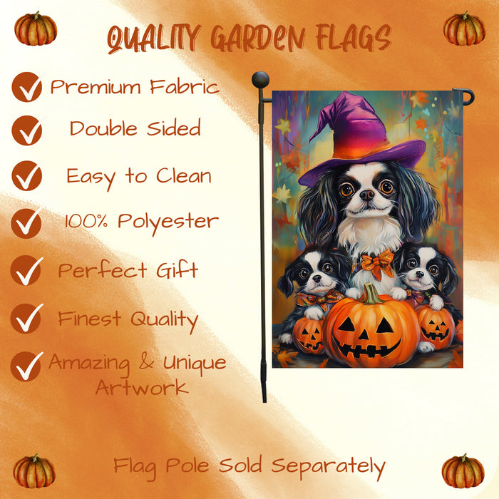 Japanese Chin Witch Dog Garden Flag for Outdoor Autumn Yard Banner with Pumpkins Lawn Party Home Garden Display Holiday House Lawn Flag Gifts for Women