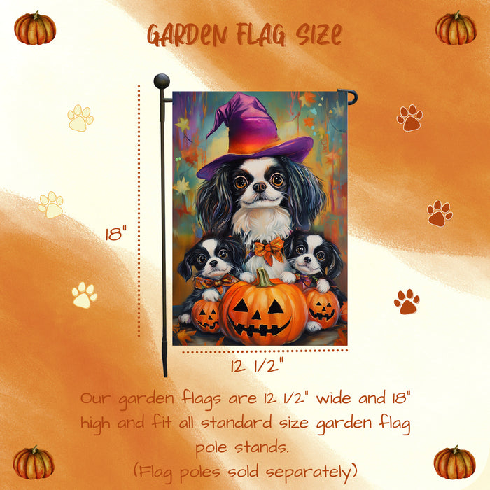 Japanese Chin Witch Dog Garden Flag for Outdoor Autumn Yard Banner with Pumpkins Lawn Party Home Garden Display Holiday House Lawn Flag Gifts for Women