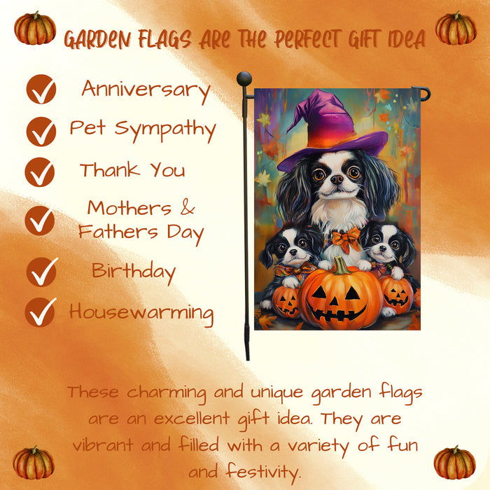 Japanese Chin Witch Dog Garden Flag for Outdoor Autumn Yard Banner with Pumpkins Lawn Party Home Garden Display Holiday House Lawn Flag Gifts for Women