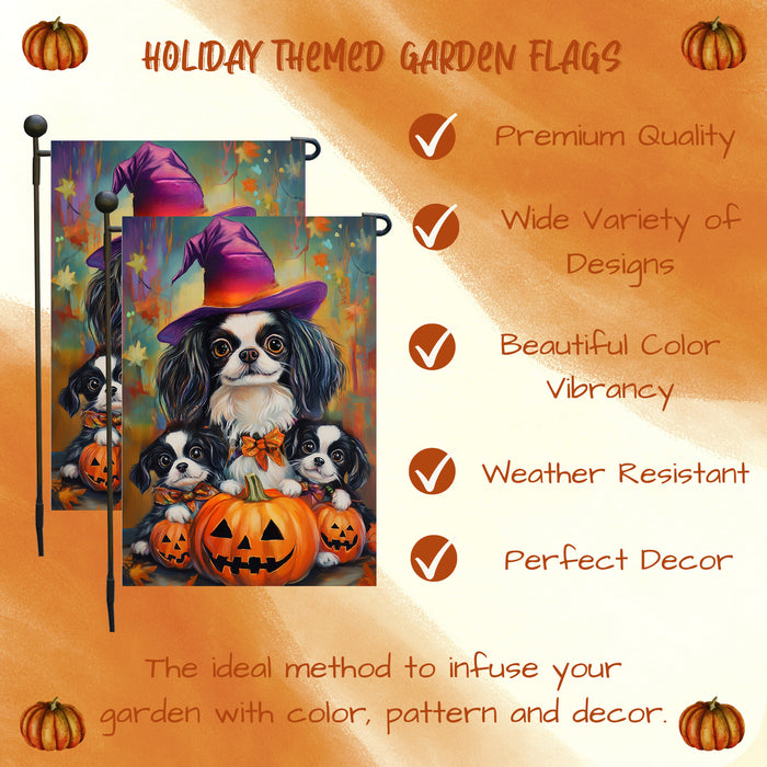 Japanese Chin Witch Dog Garden Flag for Outdoor Autumn Yard Banner with Pumpkins Lawn Party Home Garden Display Holiday House Lawn Flag Gifts for Women