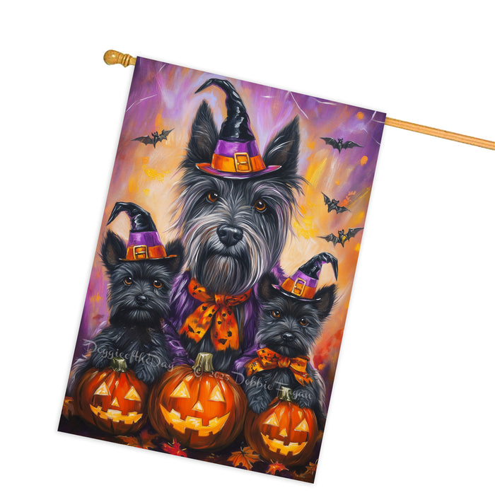 Scottish Terrier Dog Halloween House Flag Witch Hat Pumpkin Fall Outdoor Decor for Porch Garden and Lawn Rustic Autumn Farmhouse Holiday Decoration