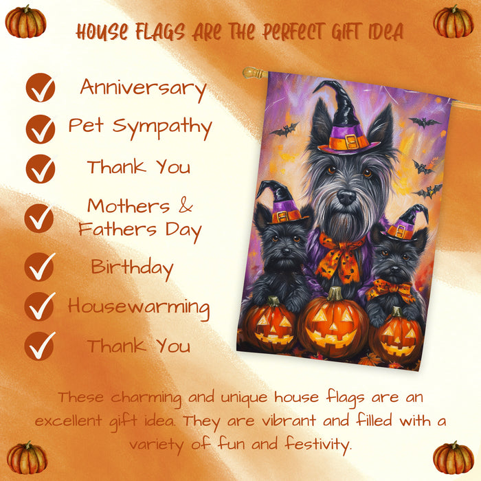 Scottish Terrier Dog Halloween House Flag Witch Hat Pumpkin Fall Outdoor Decor for Porch Garden and Lawn Rustic Autumn Farmhouse Holiday Decoration