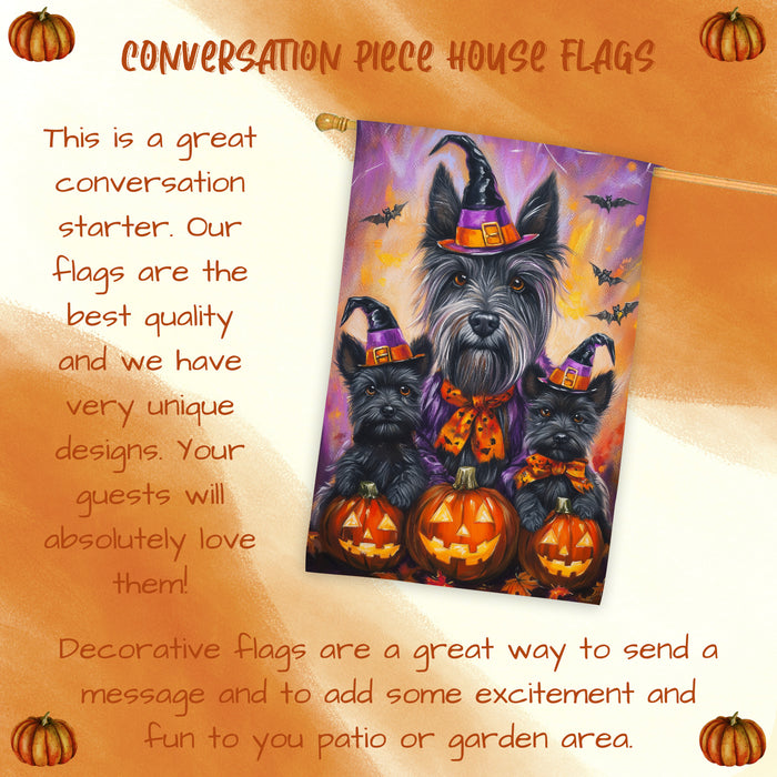 Scottish Terrier Dog Halloween House Flag Witch Hat Pumpkin Fall Outdoor Decor for Porch Garden and Lawn Rustic Autumn Farmhouse Holiday Decoration