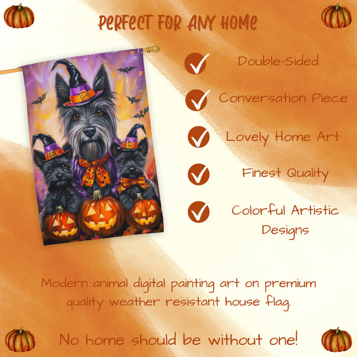 Scottish Terrier Dog Halloween House Flag Witch Hat Pumpkin Fall Outdoor Decor for Porch Garden and Lawn Rustic Autumn Farmhouse Holiday Decoration