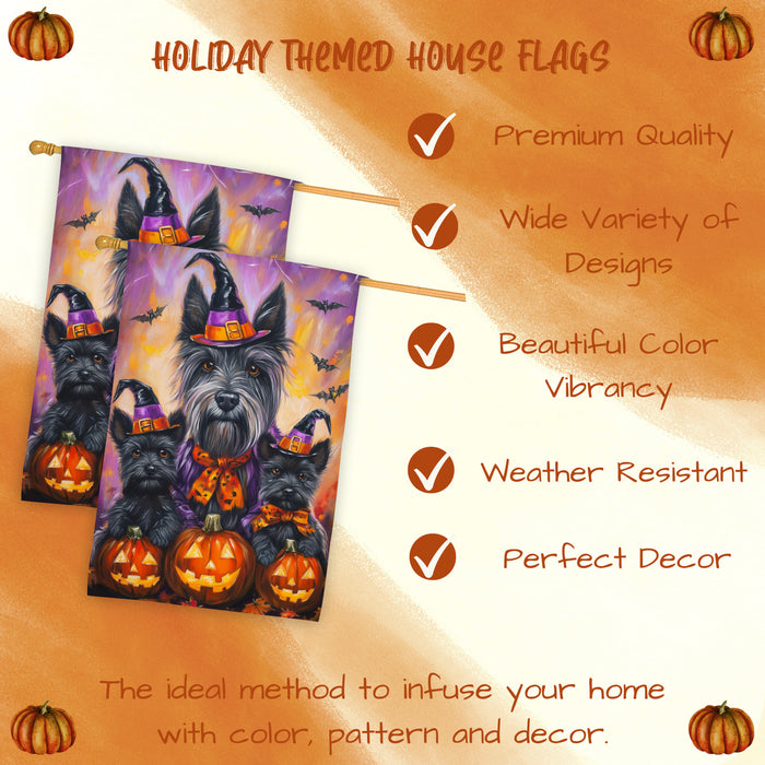 Scottish Terrier Dog Halloween House Flag Witch Hat Pumpkin Fall Outdoor Decor for Porch Garden and Lawn Rustic Autumn Farmhouse Holiday Decoration