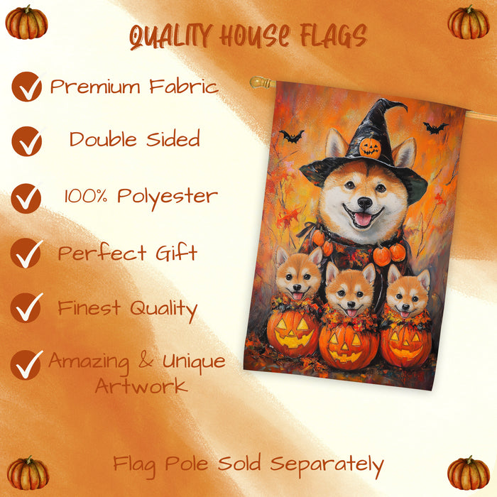 Shiba Inu Dog Halloween House Flag Witch Hat Pumpkin Fall Outdoor Decor for Porch Garden and Lawn Rustic Autumn Farmhouse Holiday Decoration