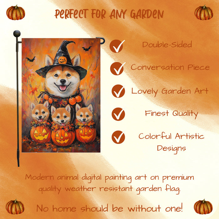 Shiba Inu with Fall Autumn Witch Hat Decorative Banner with Puppy Outdoor Yard Flag Decoration for Halloween Bats Spooky Garden Gifts for Dog Lovers