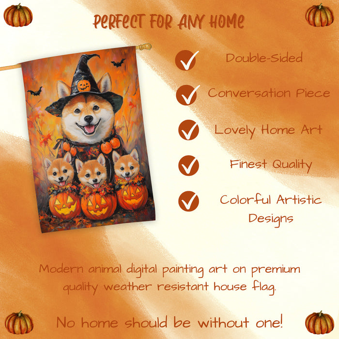Shiba Inu Dog Halloween House Flag Witch Hat Pumpkin Fall Outdoor Decor for Porch Garden and Lawn Rustic Autumn Farmhouse Holiday Decoration