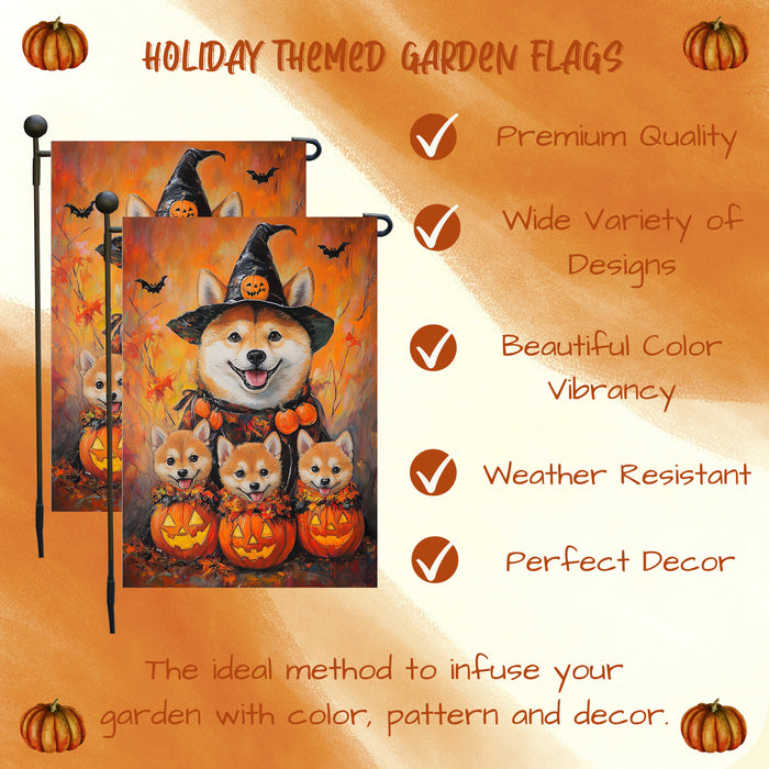 Shiba Inu with Fall Autumn Witch Hat Decorative Banner with Puppy Outdoor Yard Flag Decoration for Halloween Bats Spooky Garden Gifts for Dog Lovers