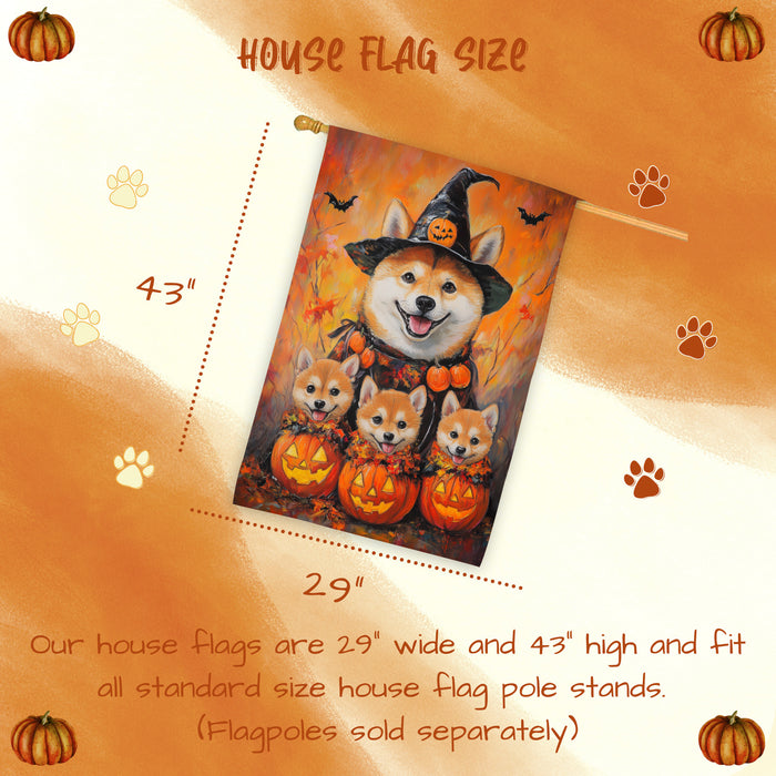 Shiba Inu Dog Halloween House Flag Witch Hat Pumpkin Fall Outdoor Decor for Porch Garden and Lawn Rustic Autumn Farmhouse Holiday Decoration