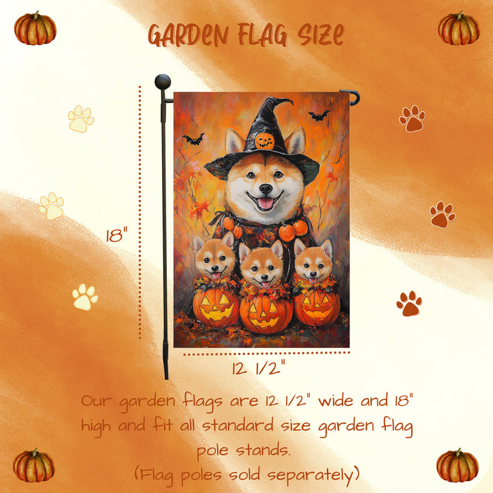 Shiba Inu with Fall Autumn Witch Hat Decorative Banner with Puppy Outdoor Yard Flag Decoration for Halloween Bats Spooky Garden Gifts for Dog Lovers