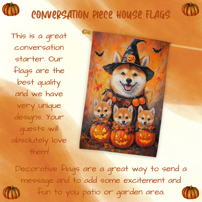 Shiba Inu Dog Halloween House Flag Witch Hat Pumpkin Fall Outdoor Decor for Porch Garden and Lawn Rustic Autumn Farmhouse Holiday Decoration