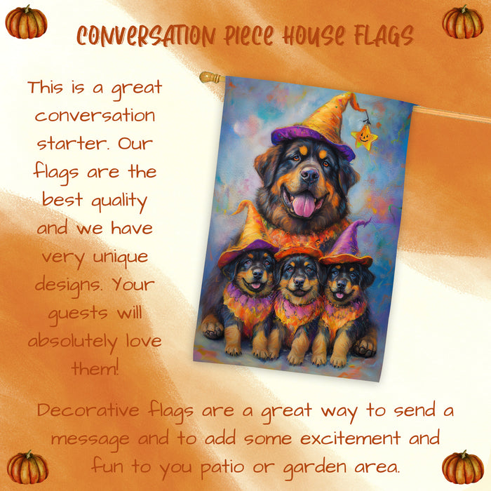 Tibetan Mastiff Dog Halloween House Flag Witch Hat Pumpkin Fall Outdoor Decor for Porch Garden and Lawn Rustic Autumn Farmhouse Holiday Decoration