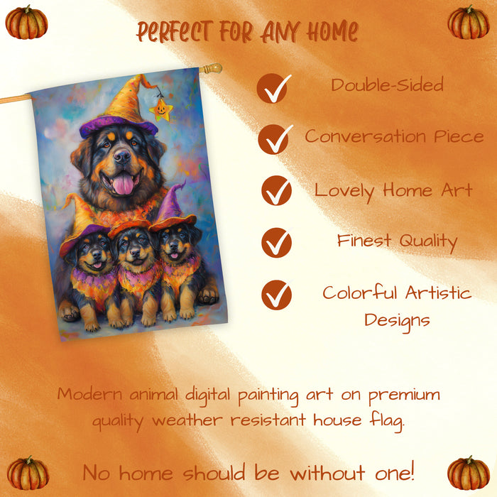 Tibetan Mastiff Dog Halloween House Flag Witch Hat Pumpkin Fall Outdoor Decor for Porch Garden and Lawn Rustic Autumn Farmhouse Holiday Decoration