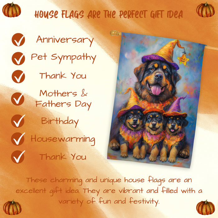 Tibetan Mastiff Dog Halloween House Flag Witch Hat Pumpkin Fall Outdoor Decor for Porch Garden and Lawn Rustic Autumn Farmhouse Holiday Decoration