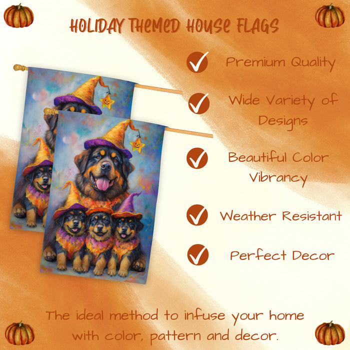Tibetan Mastiff Dog Halloween House Flag Witch Hat Pumpkin Fall Outdoor Decor for Porch Garden and Lawn Rustic Autumn Farmhouse Holiday Decoration