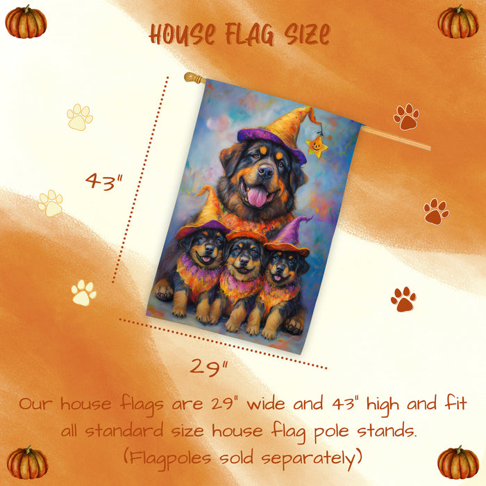 Tibetan Mastiff Dog Halloween House Flag Witch Hat Pumpkin Fall Outdoor Decor for Porch Garden and Lawn Rustic Autumn Farmhouse Holiday Decoration