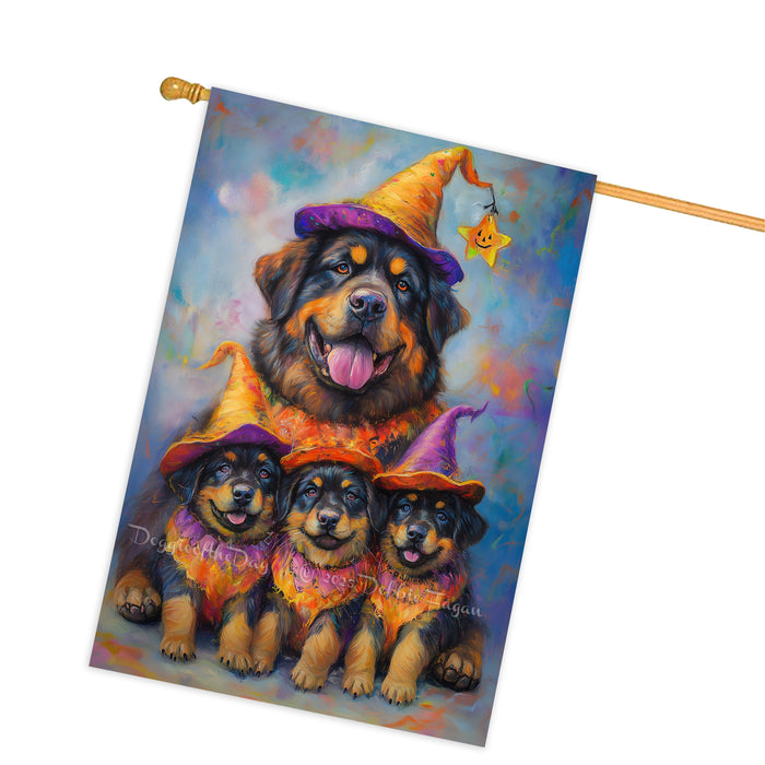Tibetan Mastiff Dog Halloween House Flag Witch Hat Pumpkin Fall Outdoor Decor for Porch Garden and Lawn Rustic Autumn Farmhouse Holiday Decoration