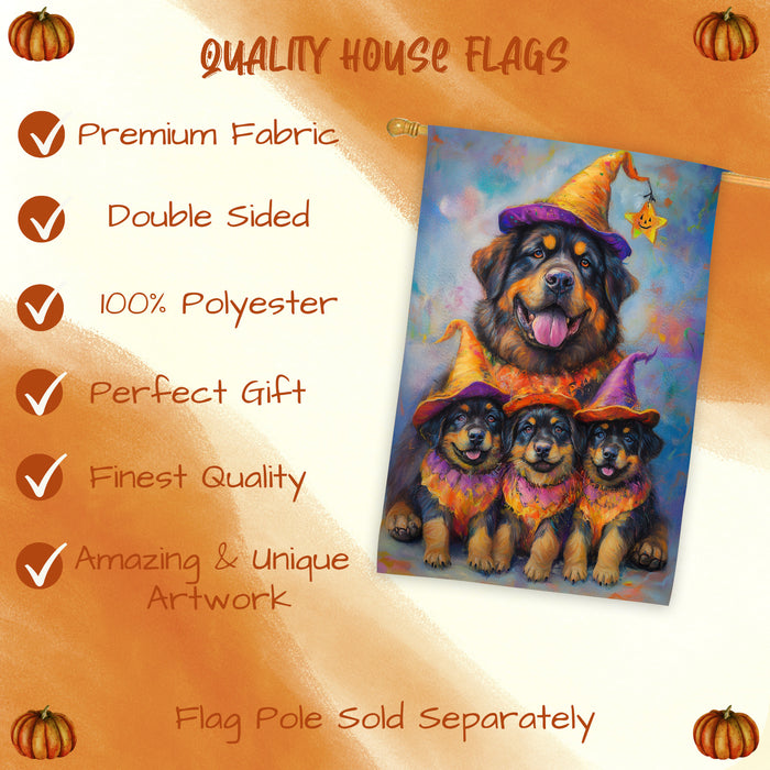 Tibetan Mastiff Dog Halloween House Flag Witch Hat Pumpkin Fall Outdoor Decor for Porch Garden and Lawn Rustic Autumn Farmhouse Holiday Decoration