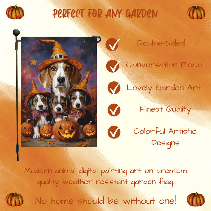 American English Foxhound Witch Halloween Garden Flag for Outside Decor with Jack O Lantern Pumpkin Fall Yard Banner Outdoor Patio Flag for Dog Lovers Mailbox Flag