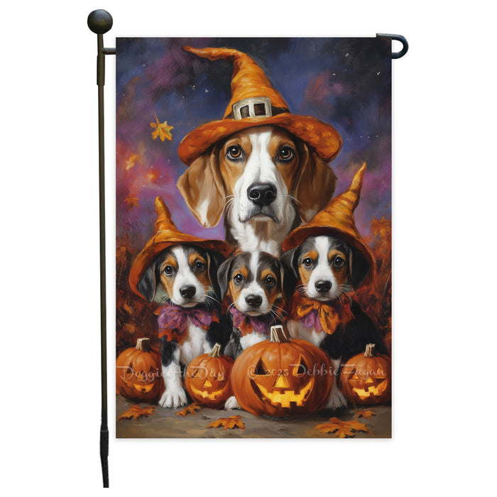 American English Foxhound Witch Halloween Garden Flag for Outside Decor with Jack O Lantern Pumpkin Fall Yard Banner Outdoor Patio Flag for Dog Lovers Mailbox Flag