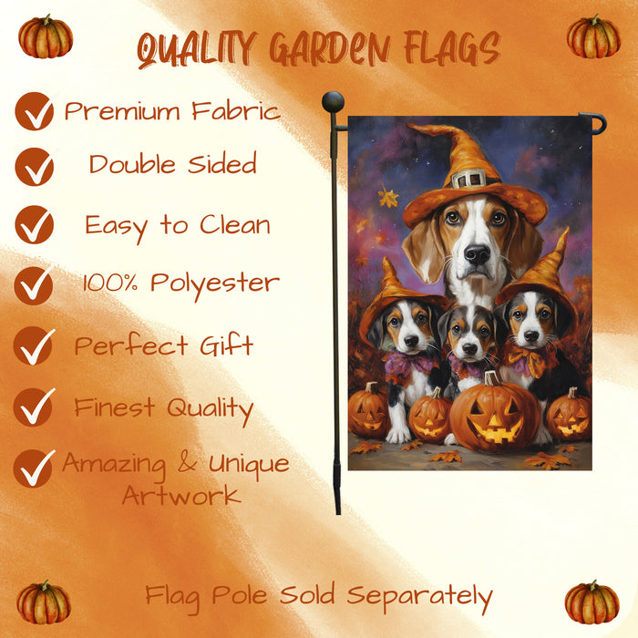 American English Foxhound Witch Halloween Garden Flag for Outside Decor with Jack O Lantern Pumpkin Fall Yard Banner Outdoor Patio Flag for Dog Lovers Mailbox Flag