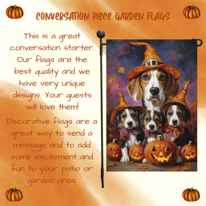 American English Foxhound Witch Halloween Garden Flag for Outside Decor with Jack O Lantern Pumpkin Fall Yard Banner Outdoor Patio Flag for Dog Lovers Mailbox Flag