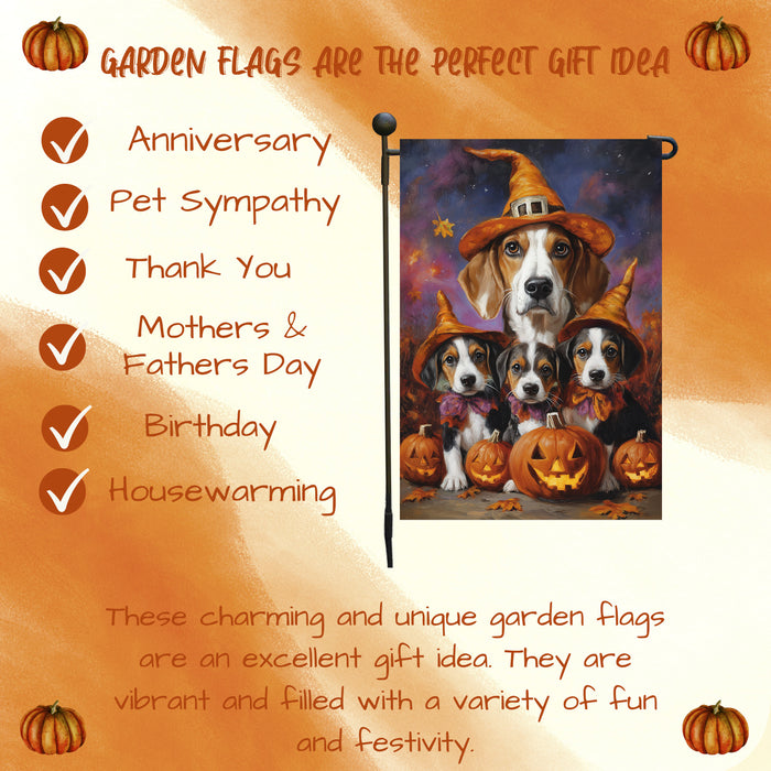 American English Foxhound Witch Halloween Garden Flag for Outside Decor with Jack O Lantern Pumpkin Fall Yard Banner Outdoor Patio Flag for Dog Lovers Mailbox Flag