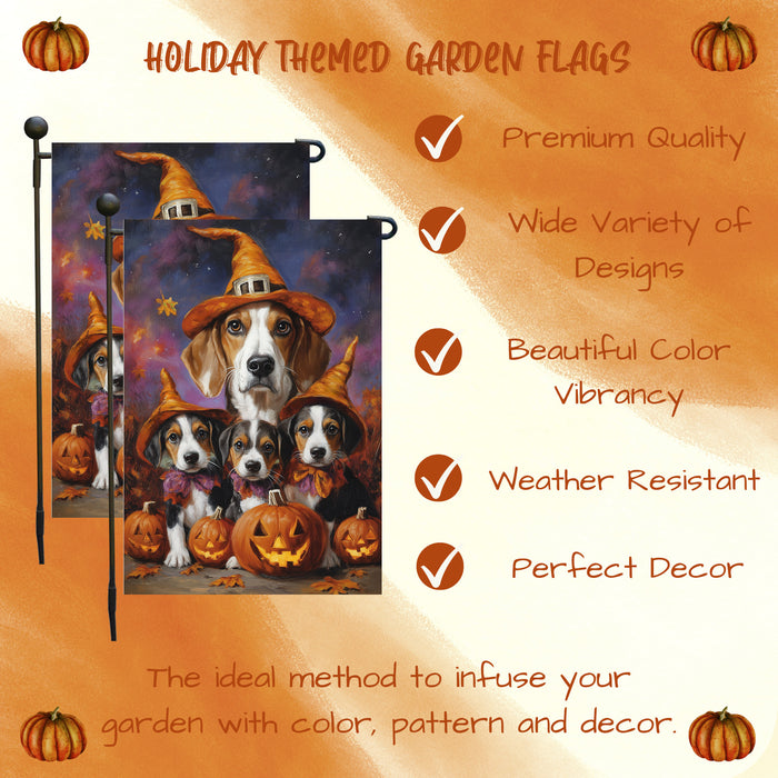 American English Foxhound Witch Halloween Garden Flag for Outside Decor with Jack O Lantern Pumpkin Fall Yard Banner Outdoor Patio Flag for Dog Lovers Mailbox Flag