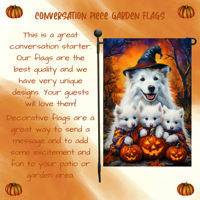 American Eskimo Halloween Witches Dog Garden Flag Pumpkin Yard Decoration Outdoor Fall Thanksgiving Farmhouse Mailbox Decor