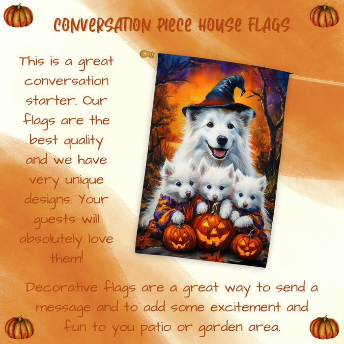 American Eskimo Witch Hat Halloween House Flag – Fall Pumpkin Yard Decoration for Outdoor Seasonal Home, Thanksgiving, and Farmhouse Porch Decor