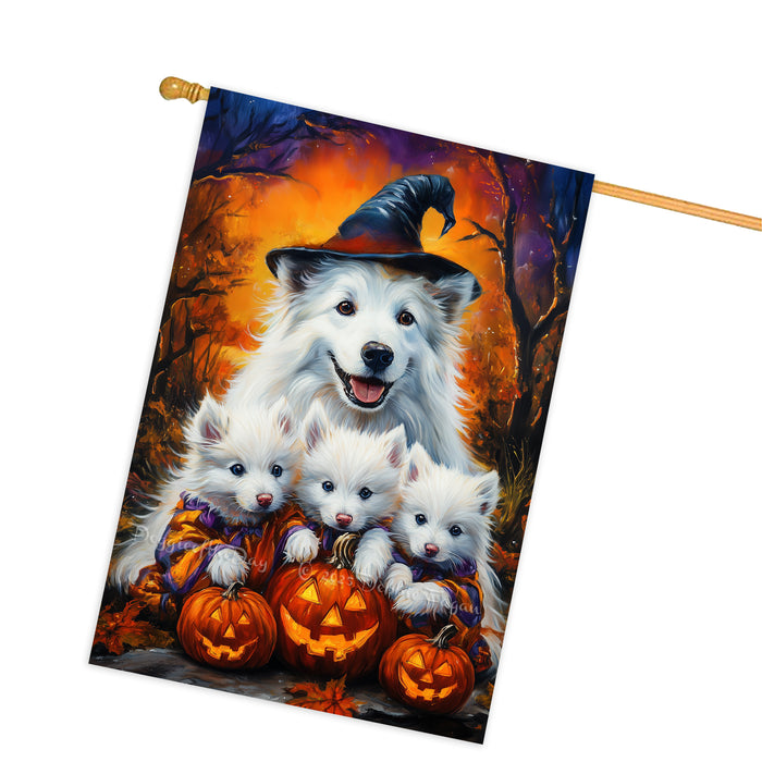 American Eskimo Witch Hat Halloween House Flag – Fall Pumpkin Yard Decoration for Outdoor Seasonal Home, Thanksgiving, and Farmhouse Porch Decor