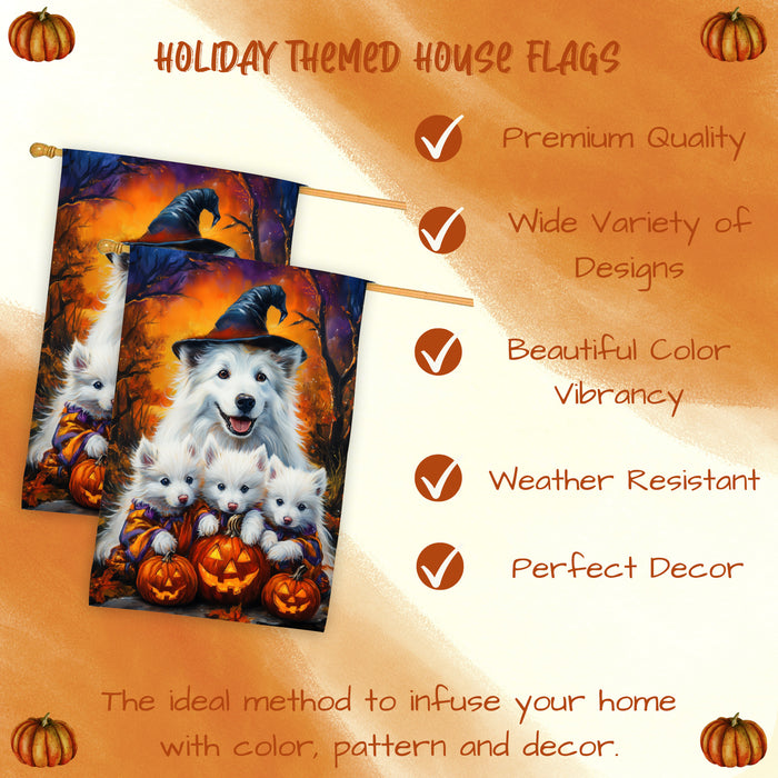 American Eskimo Witch Hat Halloween House Flag – Fall Pumpkin Yard Decoration for Outdoor Seasonal Home, Thanksgiving, and Farmhouse Porch Decor