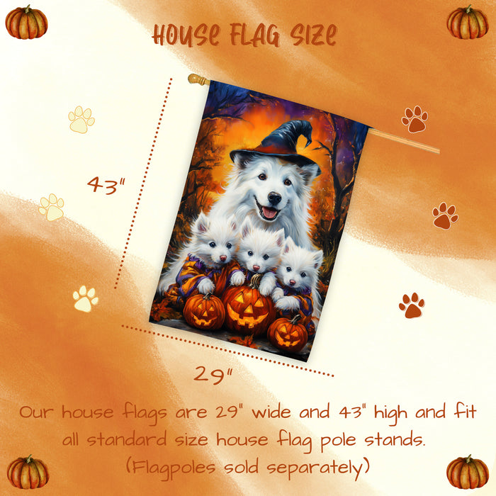 American Eskimo Witch Hat Halloween House Flag – Fall Pumpkin Yard Decoration for Outdoor Seasonal Home, Thanksgiving, and Farmhouse Porch Decor