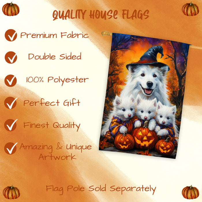 American Eskimo Witch Hat Halloween House Flag – Fall Pumpkin Yard Decoration for Outdoor Seasonal Home, Thanksgiving, and Farmhouse Porch Decor