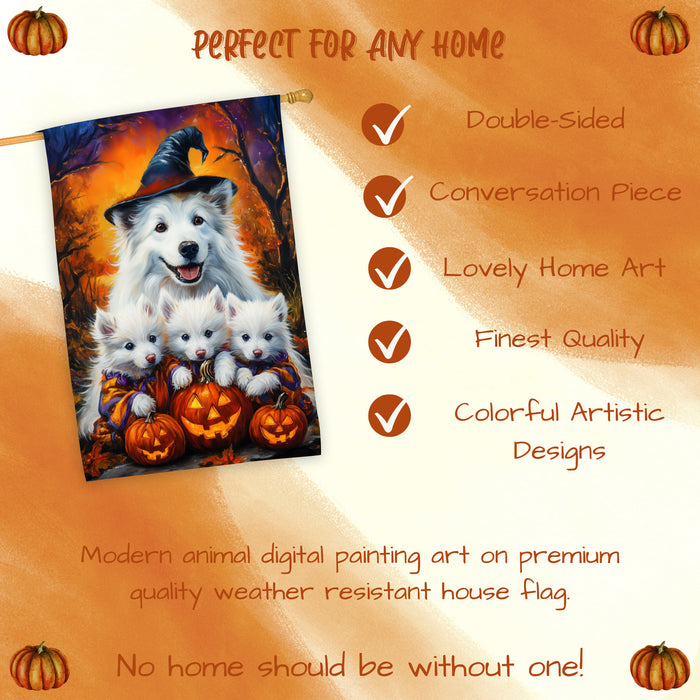American Eskimo Witch Hat Halloween House Flag – Fall Pumpkin Yard Decoration for Outdoor Seasonal Home, Thanksgiving, and Farmhouse Porch Decor