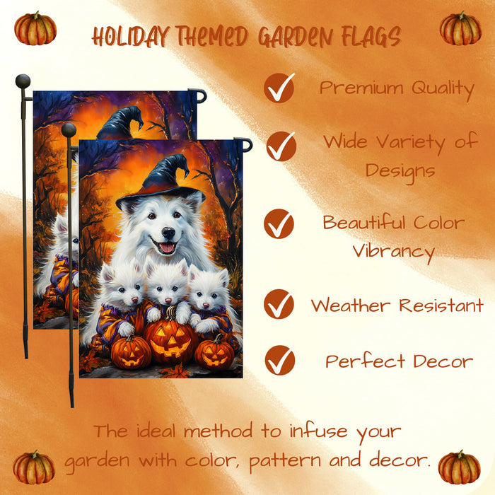 American Eskimo Halloween Witches Dog Garden Flag Pumpkin Yard Decoration Outdoor Fall Thanksgiving Farmhouse Mailbox Decor