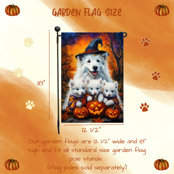 American Eskimo Halloween Witches Dog Garden Flag Pumpkin Yard Decoration Outdoor Fall Thanksgiving Farmhouse Mailbox Decor