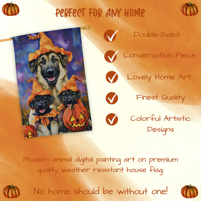 Anatolian Shepherd Dog Witch Hat Halloween House Flag – Autumn Pumpkin Welcome Banner for Outdoor Home Decor, Thanksgiving Fall Yard Flag for Dog Lovers