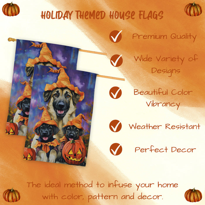 Anatolian Shepherd Dog Witch Hat Halloween House Flag – Autumn Pumpkin Welcome Banner for Outdoor Home Decor, Thanksgiving Fall Yard Flag for Dog Lovers