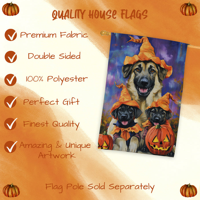 Anatolian Shepherd Dog Witch Hat Halloween House Flag – Autumn Pumpkin Welcome Banner for Outdoor Home Decor, Thanksgiving Fall Yard Flag for Dog Lovers