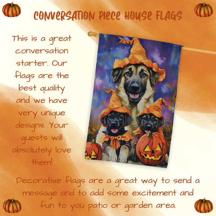 Anatolian Shepherd Dog Witch Hat Halloween House Flag – Autumn Pumpkin Welcome Banner for Outdoor Home Decor, Thanksgiving Fall Yard Flag for Dog Lovers