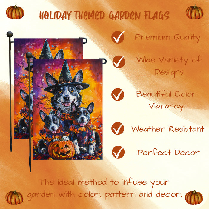Witch Australian Cattle Dog Halloween Garden Decor Witch Hat Costume Flag for Patio Farmhouse Holiday Welcome Yard Banner for Fall Pumpkin Garden Flag for Outdoor Decoration