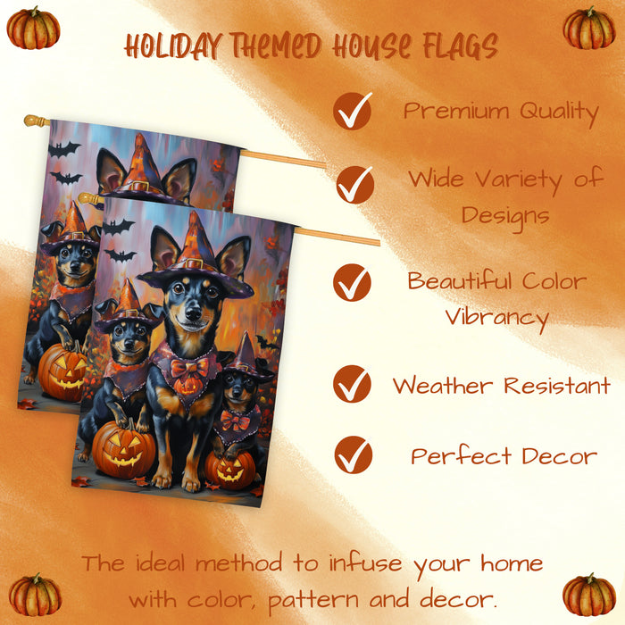 Halloween Witch Australian Kelpie Dog House Flag Fall Pumpkin Yard Banner Outdoor Farmhouse Porch Decor for Holiday and Autumn Seasonal Decoration