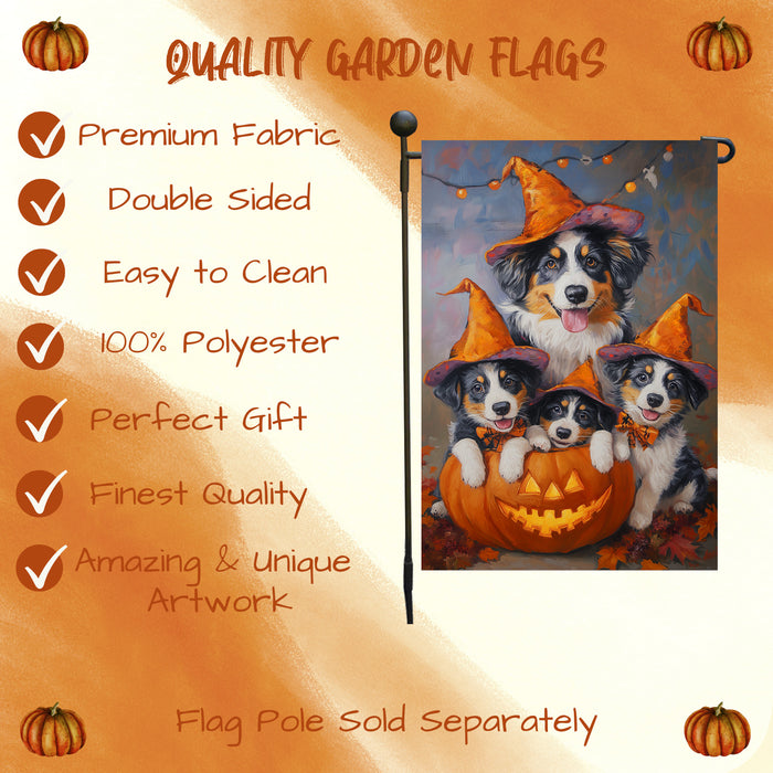 Australian Shepherd Halloween Witch Garden Flag Outdoor Spooky Pumpkin Welcome Front Porch Decorations for Home Scary Seasonal Yard Sign