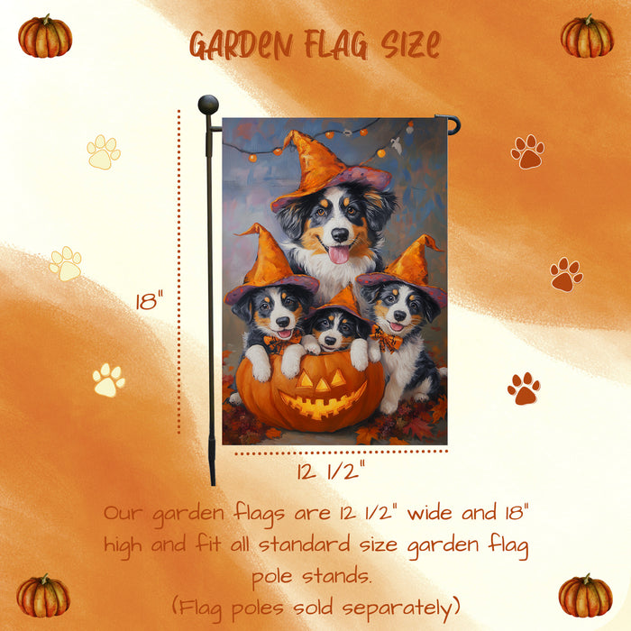 Australian Shepherd Halloween Witch Garden Flag Outdoor Spooky Pumpkin Welcome Front Porch Decorations for Home Scary Seasonal Yard Sign